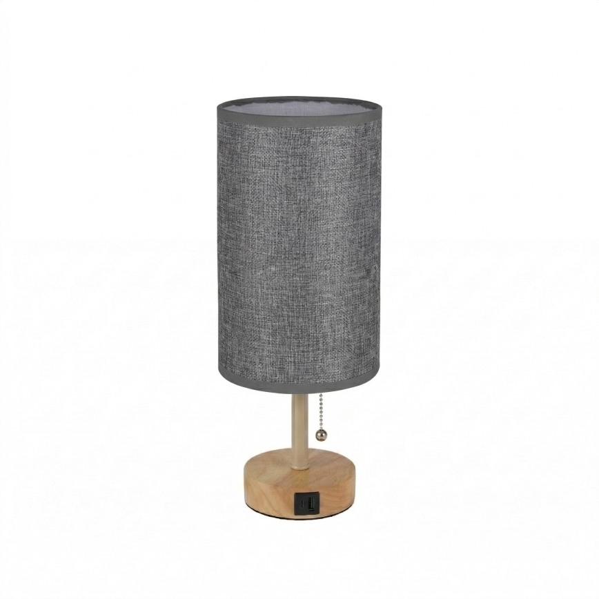 Brilagi - Tafellamp met USB-poort TABLON 1xE27/25W/230V eiken/beige/grijs