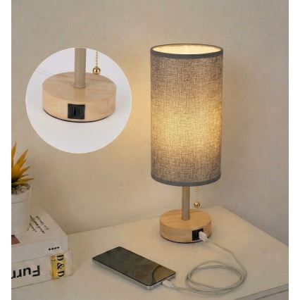 Brilagi - Tafellamp met USB-poort TABLON 1xE27/25W/230V eiken/beige/grijs