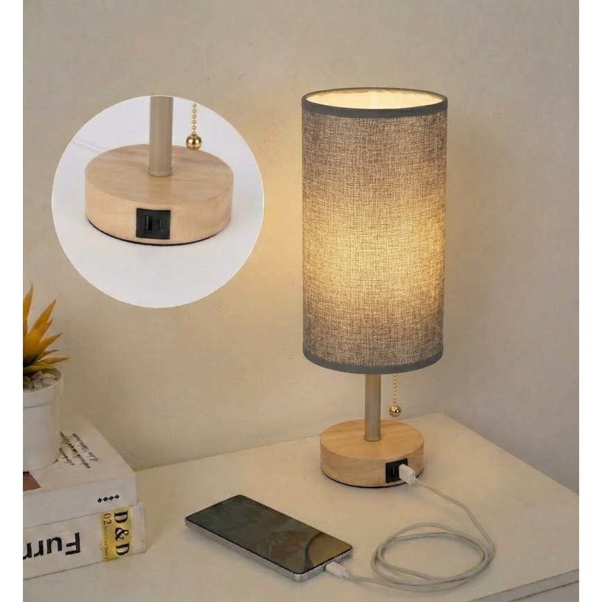 Brilagi - Tafellamp met USB-poort TABLON 1xE27/25W/230V eiken/beige/grijs