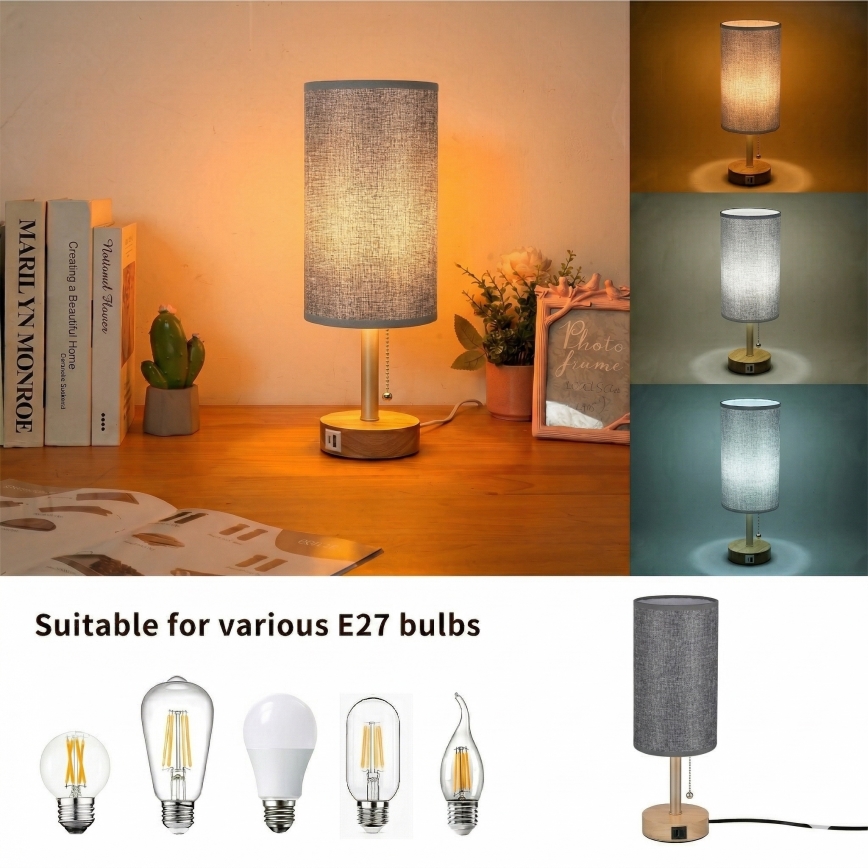 Brilagi - Tafellamp met USB-poort TABLON 1xE27/25W/230V eiken/beige/grijs