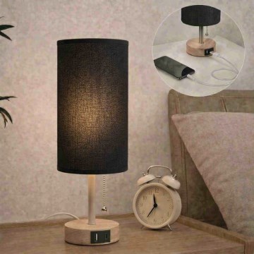 Brilagi - Tafellamp met USB-poort TABLON 1xE27/25W/230V eiken/beige/zwart