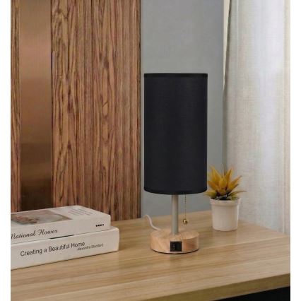 Brilagi - Tafellamp met USB-poort TABLON 1xE27/25W/230V eiken/beige/zwart