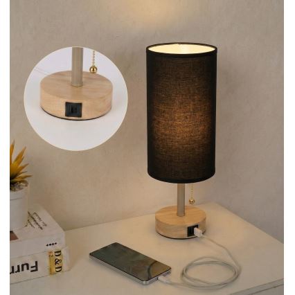 Brilagi - Tafellamp met USB-poort TABLON 1xE27/25W/230V eiken/beige/zwart