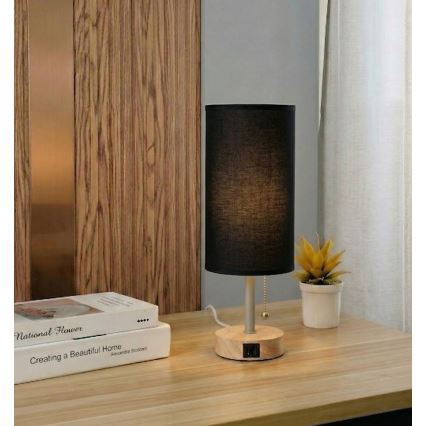 Brilagi - Tafellamp met USB-poort TABLON 1xE27/25W/230V eiken/beige/zwart