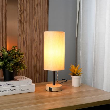 Brilagi - Tafellamp met USB-poort TABLON 1xE27/25W/230V eiken/zwart/beige
