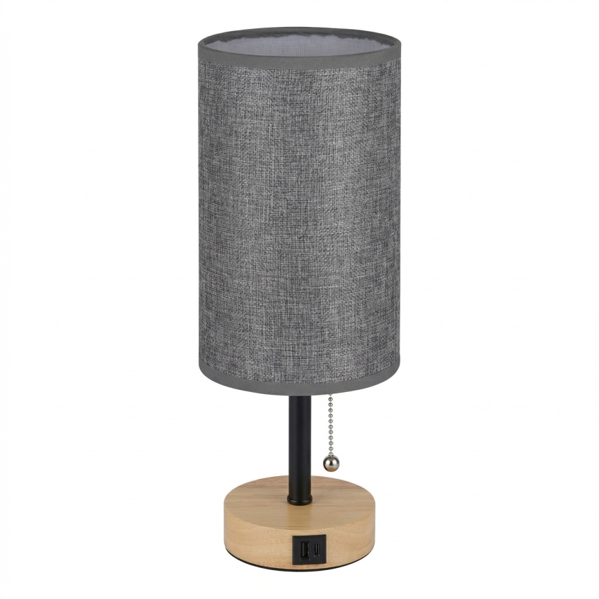 Brilagi - Tafellamp met USB-poort TABLON 1xE27/25W/230V eiken/zwart/grijs