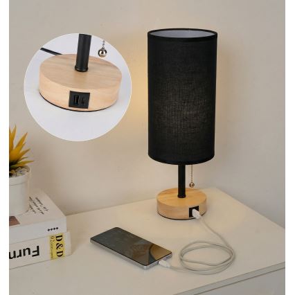 Brilagi - Tafellamp met USB-poort TABLON 1xE27/25W/230V eiken/zwart