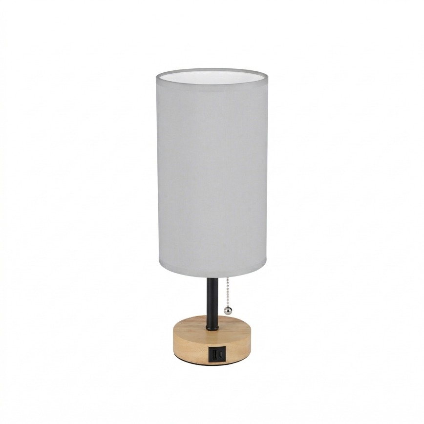 Brilagi - Tafellamp met USB-poort TABLON 1xE27/25W/230V eiken/zwart/wit