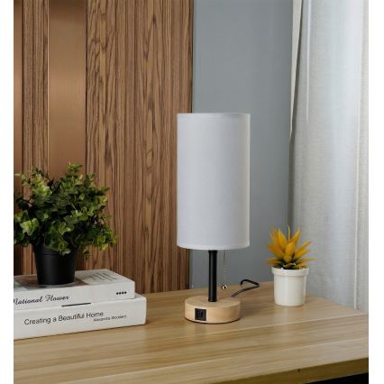 Brilagi - Tafellamp met USB-poort TABLON 1xE27/25W/230V eiken/zwart/wit