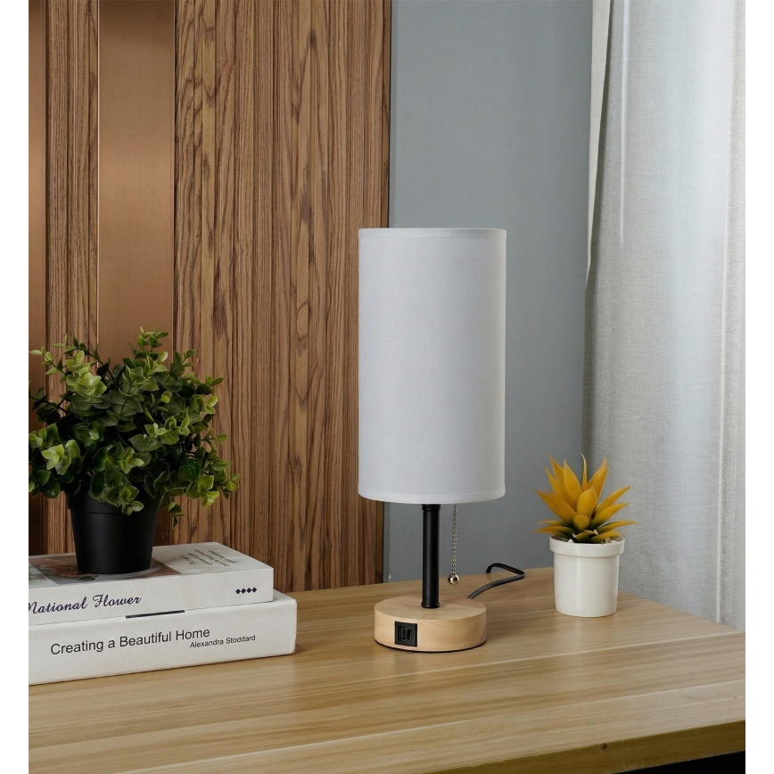 Brilagi - Tafellamp met USB-poort TABLON 1xE27/25W/230V eiken/zwart/wit