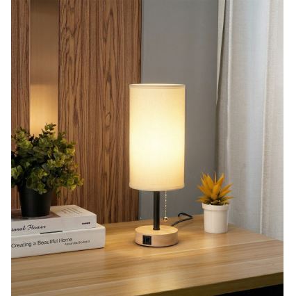 Brilagi - Tafellamp met USB-poort TABLON 1xE27/25W/230V eiken/zwart/wit