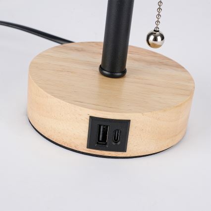Brilagi - Tafellamp met USB-poort TABLON 1xE27/25W/230V eiken/zwart/wit