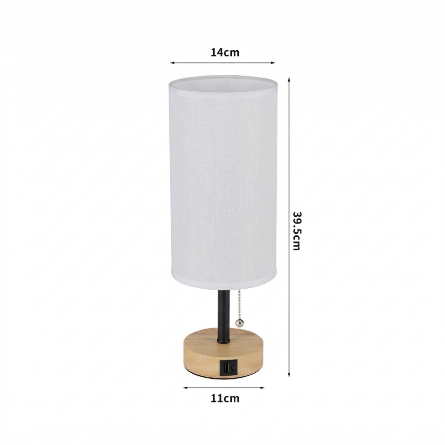 Brilagi - Tafellamp met USB-poort TABLON 1xE27/25W/230V eiken/zwart/wit