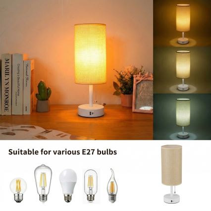 Brilagi - Tafellamp met USB-poort TABLON 1xE27/25W/230V wit/beige