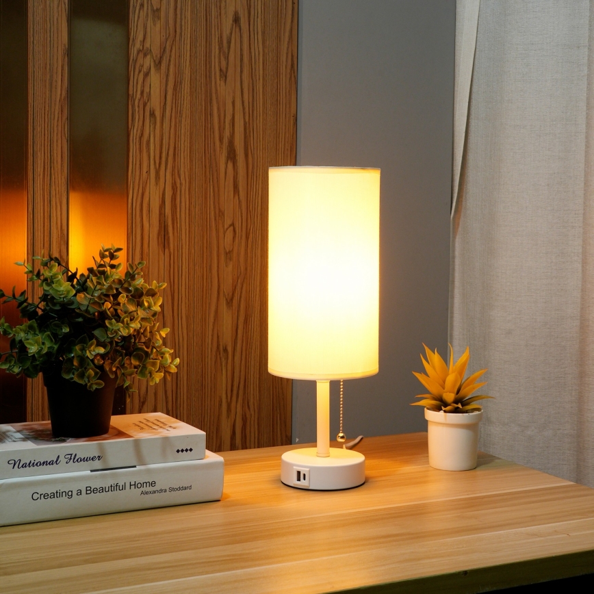 Brilagi - Tafellamp met USB-poort TABLON 1xE27/25W/230V wit/crème