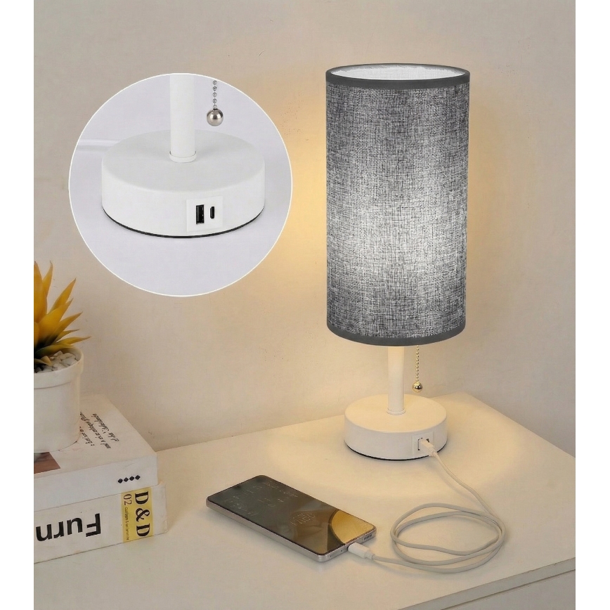 Brilagi - Tafellamp met USB-poort TABLON 1xE27/25W/230V wit/grijs