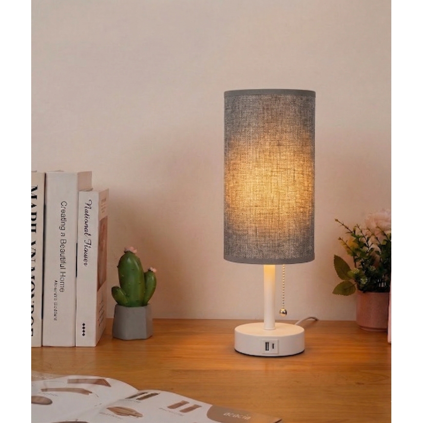 Brilagi - Tafellamp met USB-poort TABLON 1xE27/25W/230V wit/grijs