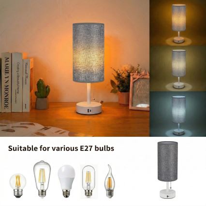 Brilagi - Tafellamp met USB-poort TABLON 1xE27/25W/230V wit/grijs