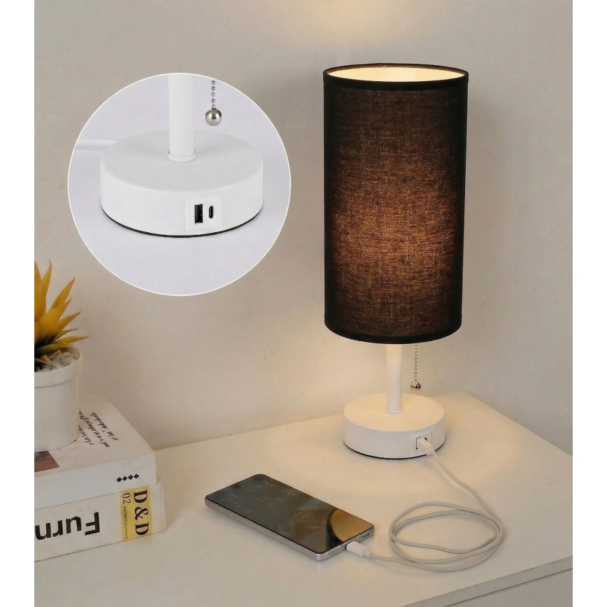 Brilagi - Tafellamp met USB-poort TABLON 1xE27/25W/230V wit/zwart