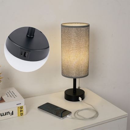 Brilagi - Tafellamp met USB-poort TABLON 1xE27/25W/230V zwart/grijs