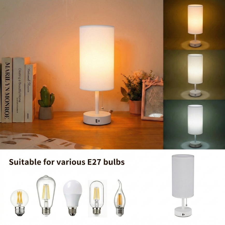 Brilagi - Tafellamp TABLON met USB-poort, 1x E27/25W/230V, wit