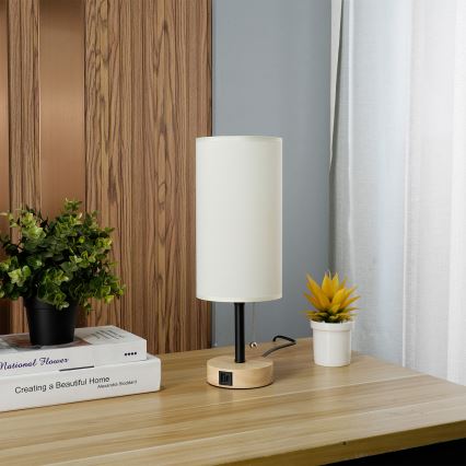 Brilagi - Tafellamp TABLON met USB-poort 1xE27/25W/230V eiken/zwart/crème