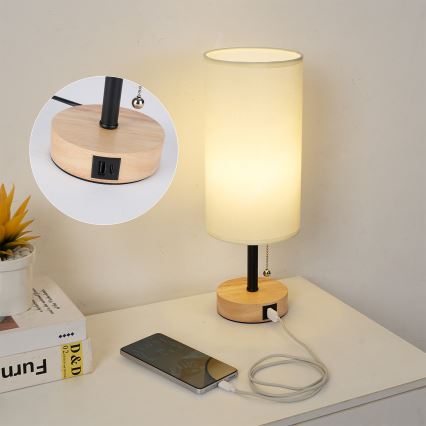 Brilagi - Tafellamp TABLON met USB-poort 1xE27/25W/230V eiken/zwart/crème