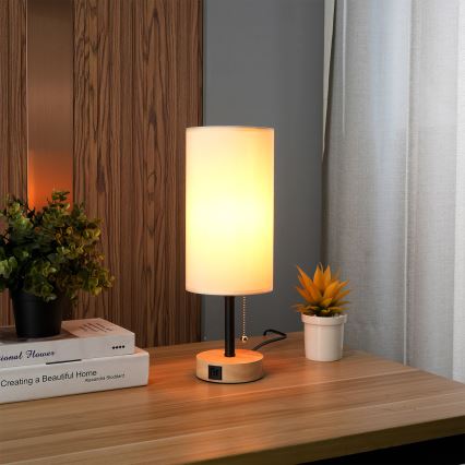 Brilagi - Tafellamp TABLON met USB-poort 1xE27/25W/230V eiken/zwart/crème