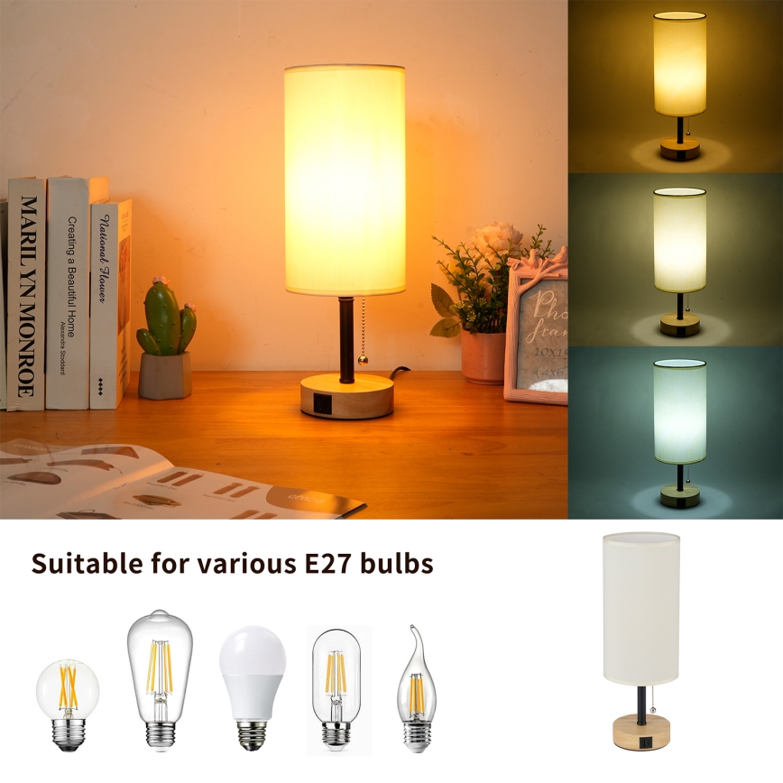 Brilagi - Tafellamp TABLON met USB-poort 1xE27/25W/230V eiken/zwart/crème