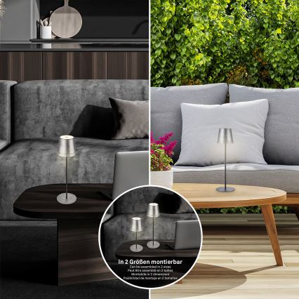 Brilo - Lampe de table d'extérieur tactile, rechargeable et dimmable KIKI LED/2,6W/5V IP44 2600 mAh argentée