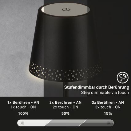 Brilo - Dimbare oplaadbare aanraak-LED tafellamp voor buiten KIKI LED/2,6W/5V IP44 2600 mAh zwart