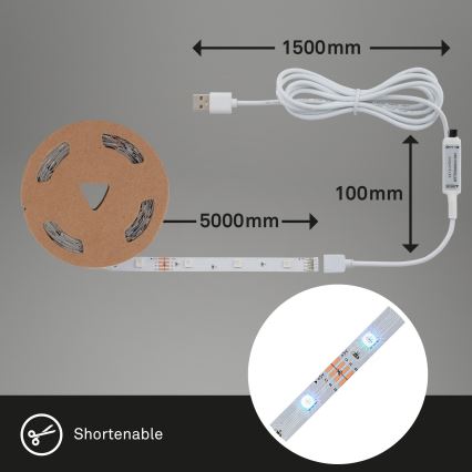 Brilo - LED RGB Dimbare strip 6,6m LED/6W/USB + afstandsbediening