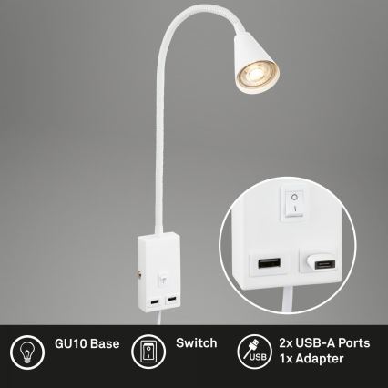 Briloner 2175-016 - Lampe murale flexible avec port USB 1xGU10/10W/230V blanche