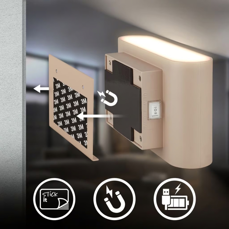 Briloner 3878011 - Applique murale LED rechargeable avec capteur de mouvement et crépusculaire CHAT LED/3W/5V 2000 mAh beige