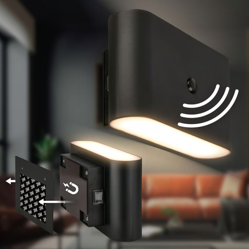 Briloner 3878015 - Applique murale LED rechargeable avec détecteur de mouvement et capteur crépusculaire CHAT LED/3W/5V 2000 mAh noire