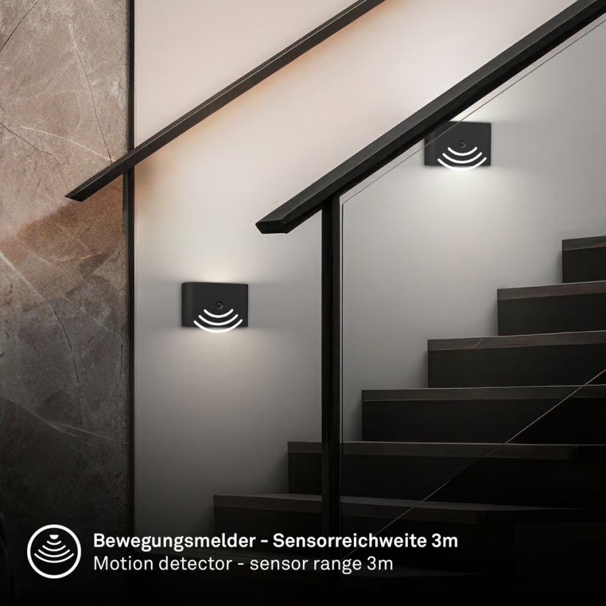 Briloner 3878015 - Applique murale LED rechargeable avec détecteur de mouvement et capteur crépusculaire CHAT LED/3W/5V 2000 mAh noire