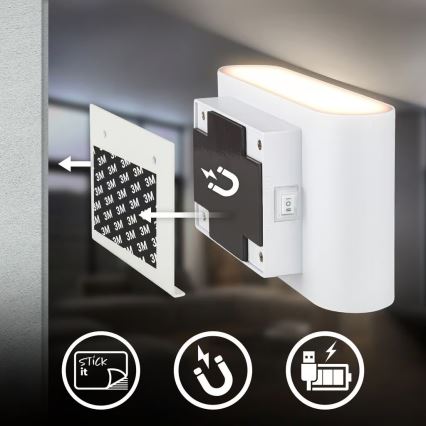 Briloner 3878016 - Applique murale LED rechargeable CHAT avec détecteur de mouvement et détecteur crépusculaire LED/3W/5V 2000 mAh blanche
