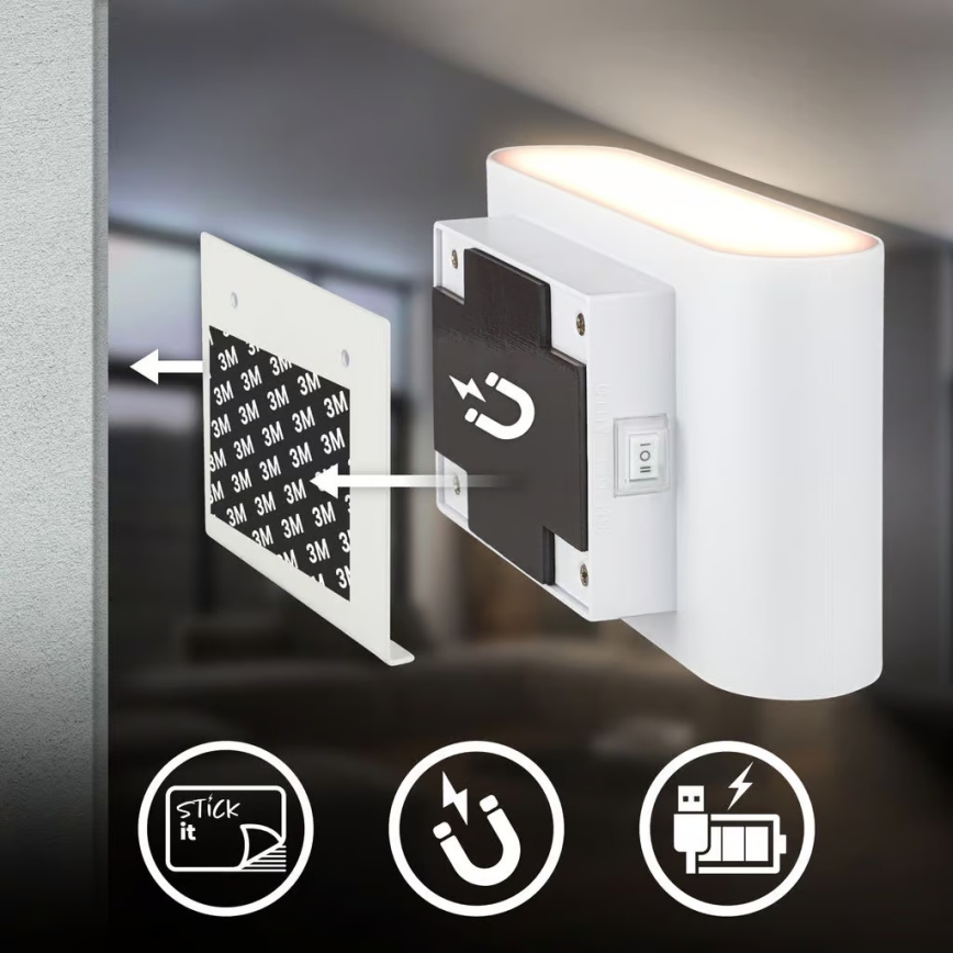 Briloner 3878016 - Applique murale LED rechargeable CHAT avec détecteur de mouvement et détecteur crépusculaire LED/3W/5V 2000 mAh blanche