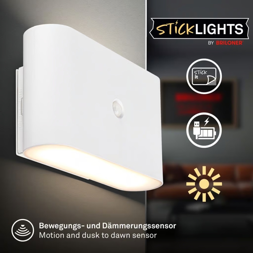 Briloner 3878016 - Oplaadbare LED-wandlamp met bewegings- en schemersensor CHAT LED/3W/5V 2000 mAh wit