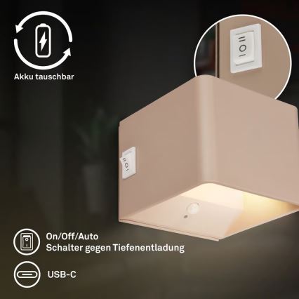 Briloner 3879011 - BORRA LED-oplaadbare wandlamp met bewegings- en schemeringssensor, 1,5 W / 5 V, 3600 mAh, beige