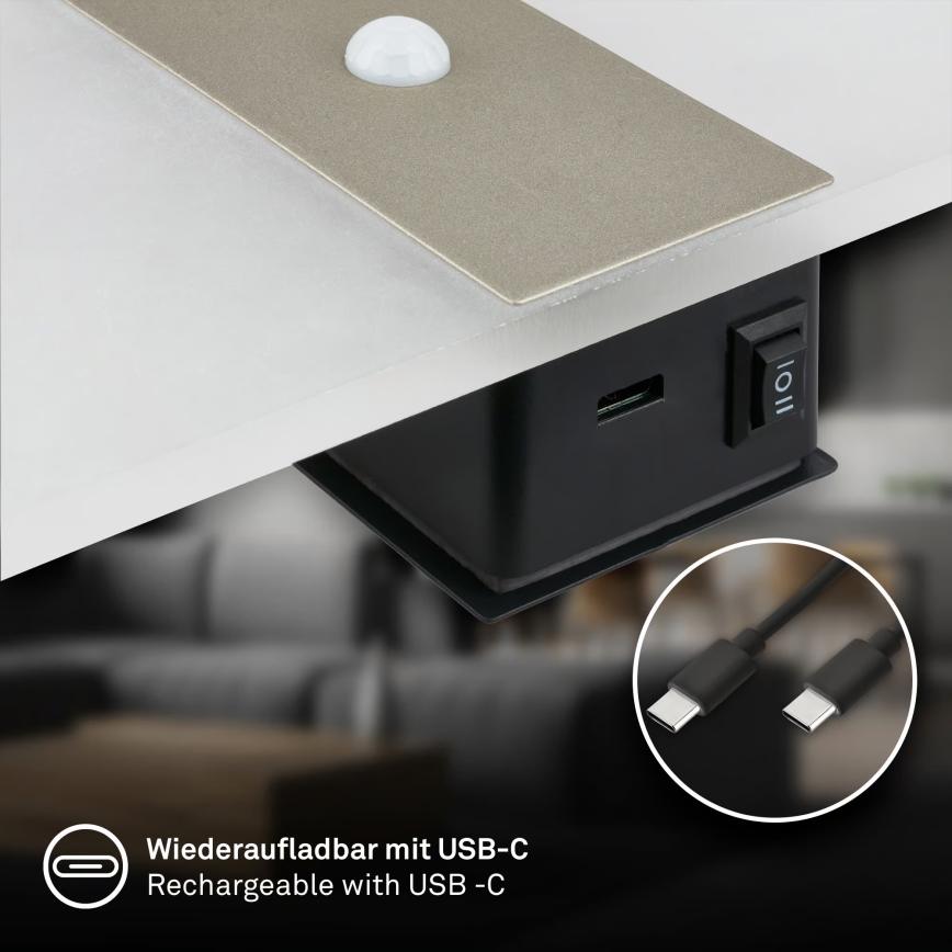 Briloner 3888012 - Applique murale LED rechargeable AURA avec détecteur de mouvement et détecteur crépusculaire LED/2,5W/5V 1800 mAh chrome mat