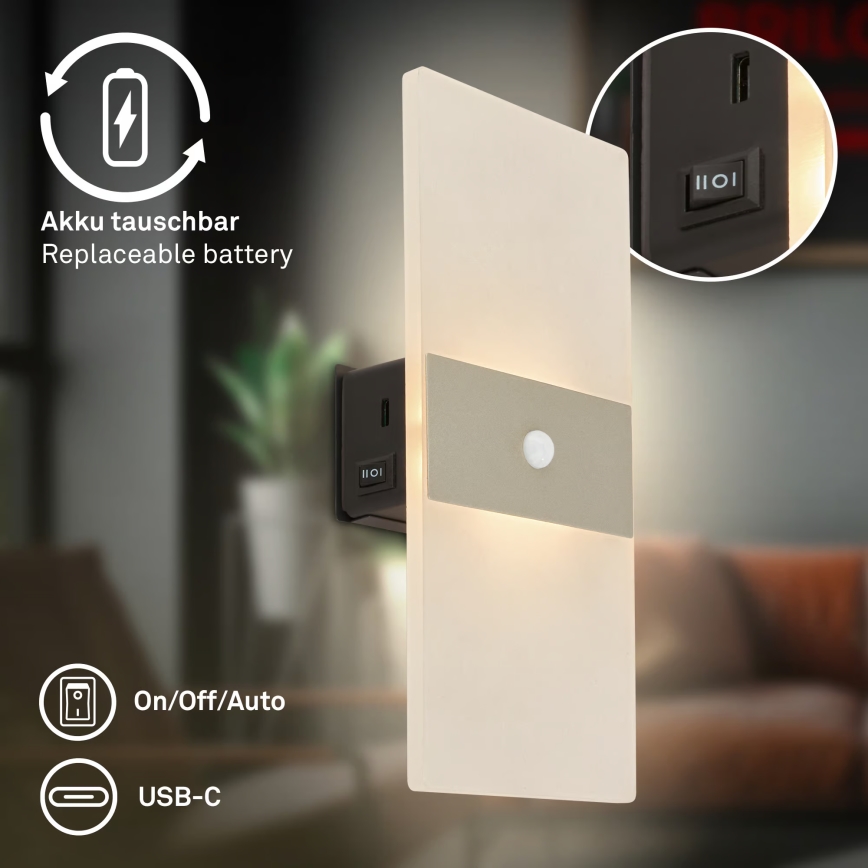 Briloner 3888012 - LED-oplaadbare wandlamp met bewegings- en schemersensor AURA LED/2,5W/5V 1800 mAh mat chroom