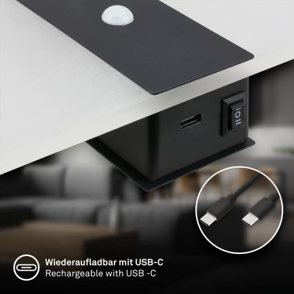 Briloner 3888015 - Applique murale LED rechargeable avec détecteurs de mouvement et de crépuscule AURA LED/2,5W/5V 1800 mAh noire