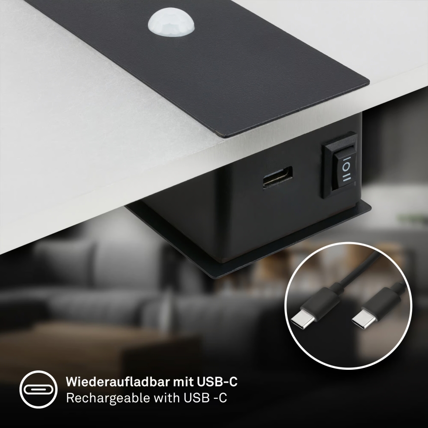 Briloner 3888015 - Applique murale LED rechargeable avec détecteurs de mouvement et de crépuscule AURA LED/2,5W/5V 1800 mAh noire