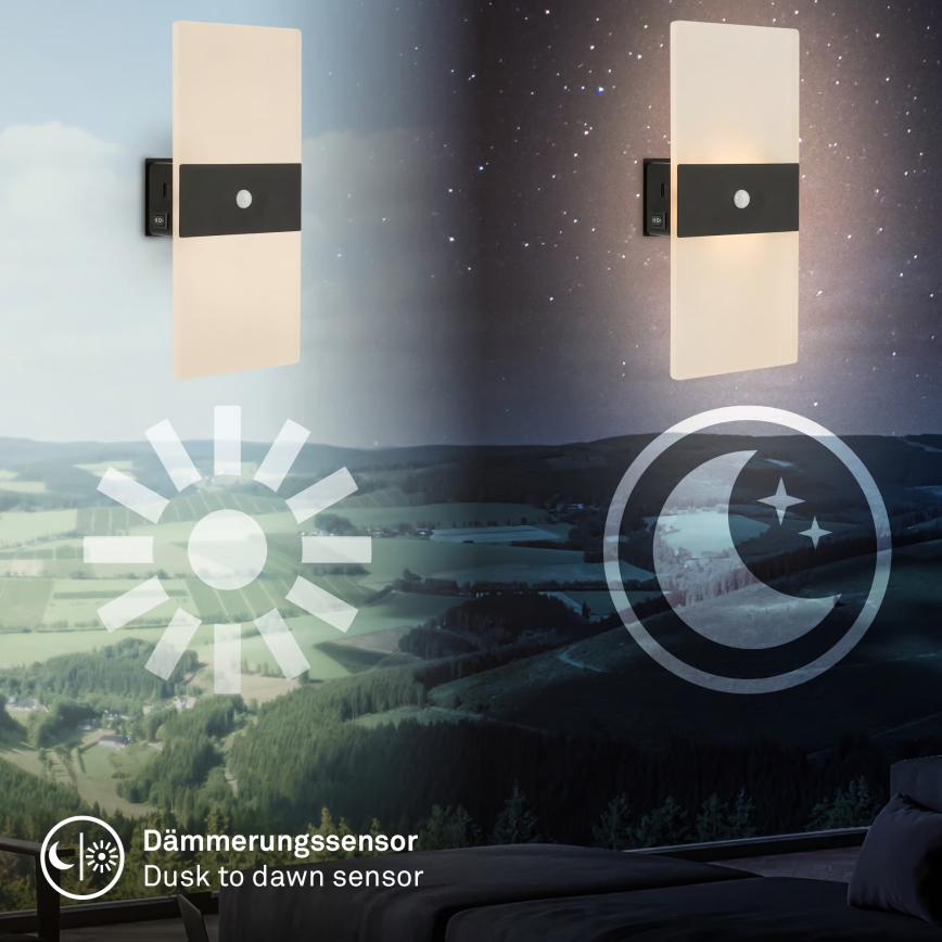 Briloner 3888015 - Applique murale LED rechargeable avec détecteurs de mouvement et de crépuscule AURA LED/2,5W/5V 1800 mAh noire