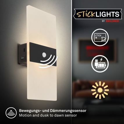 Briloner 3888015 - Oplaadbare LED-muurlamp met bewegings- en schemersensor AURA LED/2,5W/5V 1800 mAh zwart