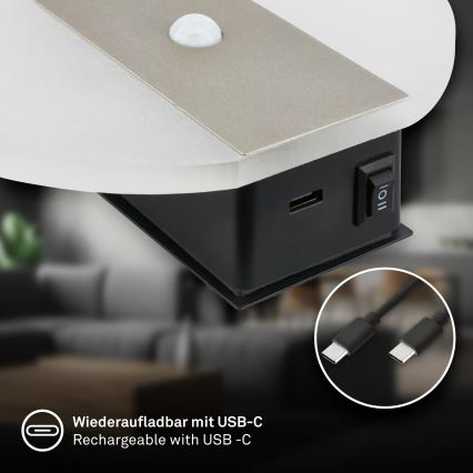 Briloner 3889012 - Luminaire mural LED rechargeable avec capteur de mouvement et capteur crépusculaire TARO LED/2,5W/5V 1800 mAh chrome mat