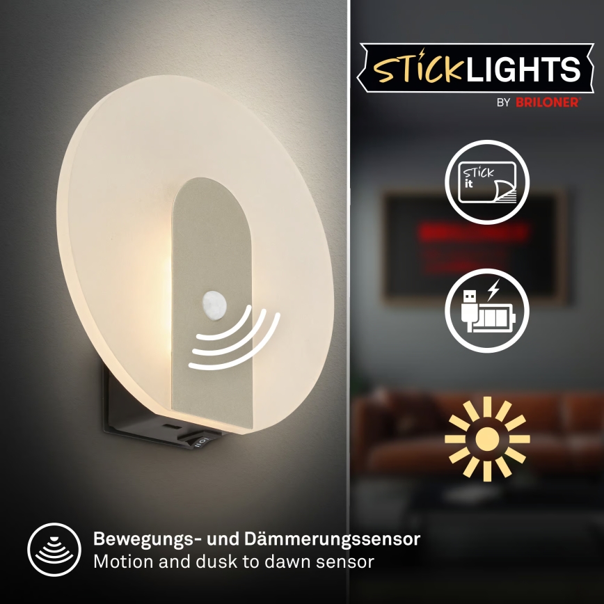Briloner 3889012 - LED oplaadbare wandlamp met bewegings- en schemersensor TARO LED/2,5W/5V 1800 mAh mat chroom