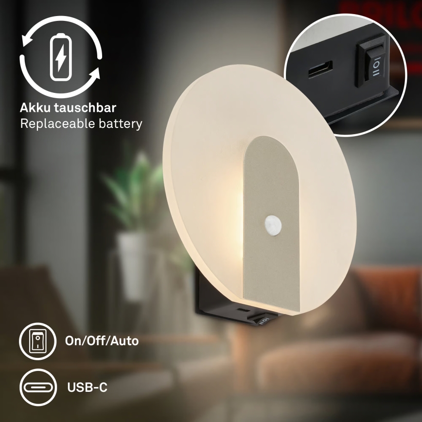 Briloner 3889012 - LED oplaadbare wandlamp met bewegings- en schemersensor TARO LED/2,5W/5V 1800 mAh mat chroom