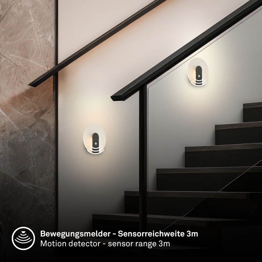 Briloner 3889015 - Applique murale LED rechargeable TARO avec détecteur de mouvement et capteur crépusculaire, LED 2,5 W / 5 V, 1800 mAh, noire